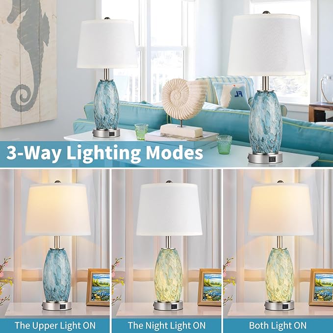 Table Lamps Set of 2 with 3-Way Lighting Modes, USB & Type C Ports - Coastal Modern Style Glass Nightstand Lamps for Living Room & Bedroom Decoration (23.5" H)