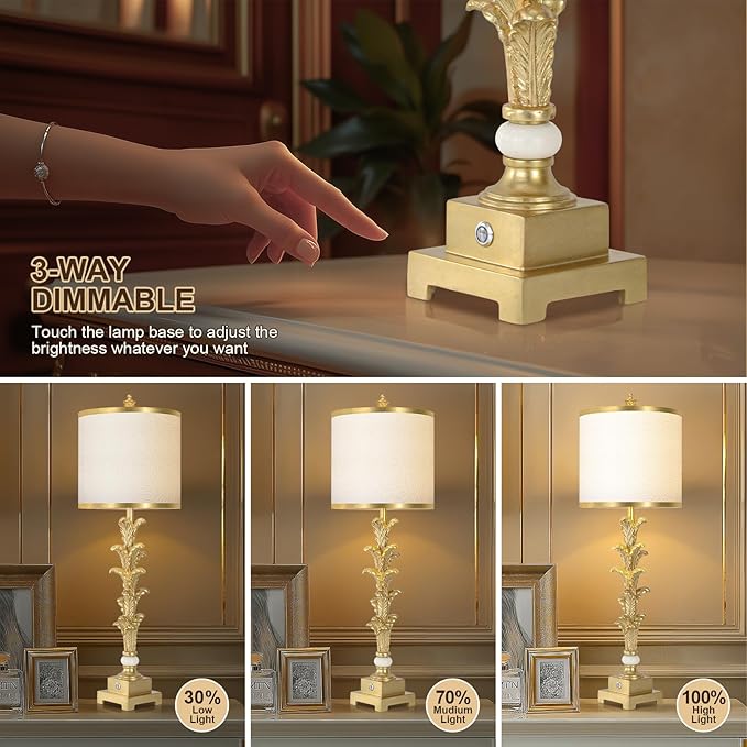Touch Control Table Lamps Set of 2, 3-Way Dimmable Nightstand Lamps with USB A+C Ports, 33'' Tall Buffet Lamps with White Shade, Gold Leaf Finish Lamp for Bedroom Living Room Dinning House Office
