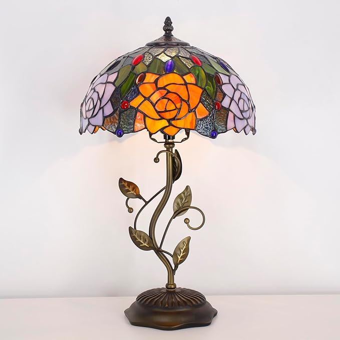 Tiffany Lamp Orange Red Rose Flower Stained Glass Table Lamp Desk Bedside Reading Light 12X12X19 Inches with Metal Leaf Base Decor Bedroom Living Room