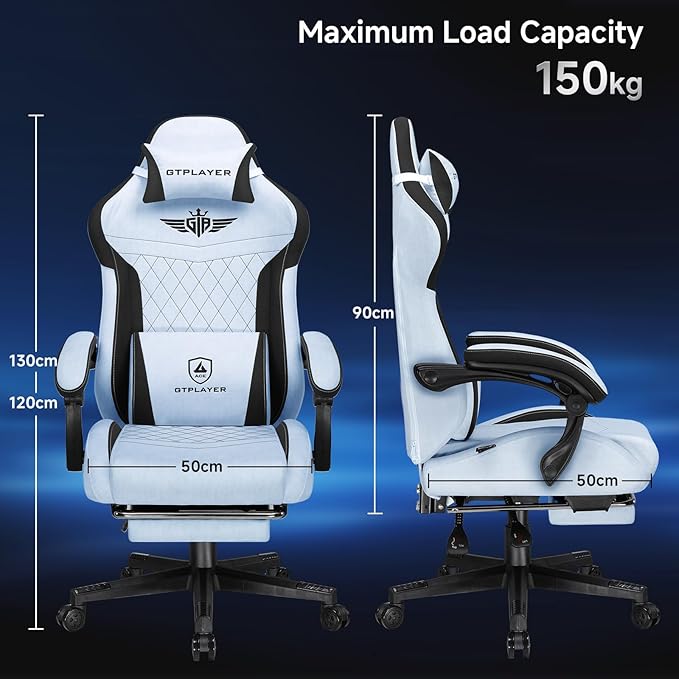 GTPLAYER Gaming Chair, Video Game Chairs with Footrest and Lumbar Support, Computer Chair for Adults with Extended Backrest, Ergonomic Reclining Silla Gamer, Velvet Fabric, Light Blue