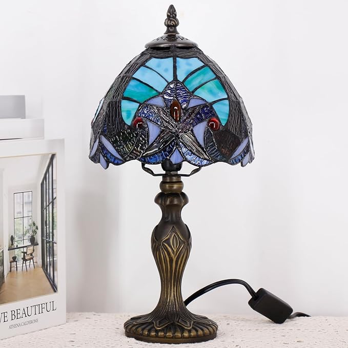 Small Tiffany Lamp Stained Glass Table Lamp Mini Desk Accent Light for Bedroom Bedside Reading Home Antique Style Decor 8X15 Inches (Green)