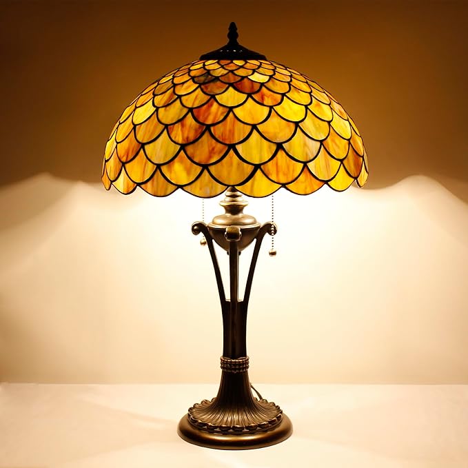 Tiffany Table Lamp Yellow Green Stained Glass Desk Lamp 16X16X24 Inches Fish Scales Style Reading Light