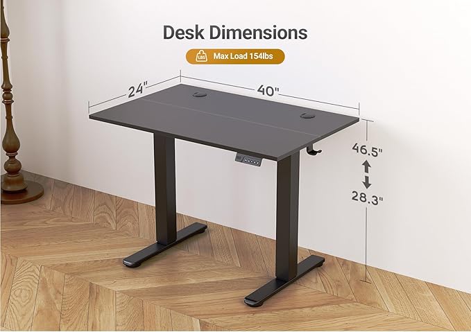 Seang Electric Standing Desk Adjustable Height, 40 x 24 Inch Stand up Desks, 3 Memory Presets & Cable Management Sit Stand Desk for Home Office Computer Workstation, Black Frame/Black Top