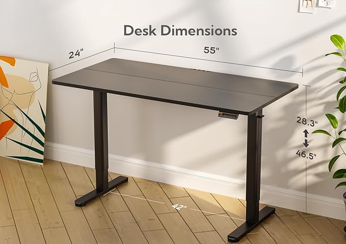 Seang Electric Standing Desk, Adjustable Height with 3 Memory Presets, 55x24 Inch Sit Stand with Splice Board for Home Office Computer Workstation, Black Frame/Black Top