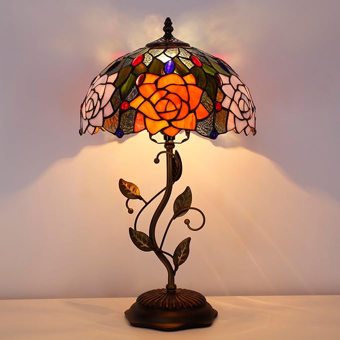 Tiffany Lamp Orange Red Rose Flower Stained Glass Table Lamp Desk Bedside Reading Light 12X12X19 Inches with Metal Leaf Base Decor Bedroom Living Room