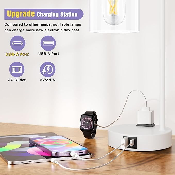 Innqoo Industrial White Table Lamps for Bedrooms Set of 2-3-Way Dimmable Desk Lamp with USB C+A Ports and Outlet, White Lamps with Clear Glass Shade for Living Room