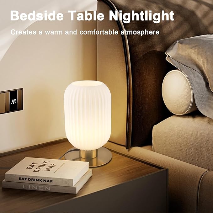Mid Century Modern Bedside Lamp Set of 2, White Nightstand Lamp Glass Bedside Lamp with Round Metal Base, Vintage Gold Table Lamp Small Table Lamp for Bedroom Living Room Office