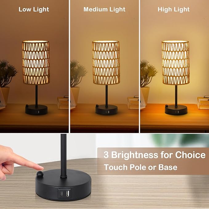 Touch Table Lamp For Bedroom with Bulb, Boho Small Desk Lamp For Living Room With Rattan & Linen Shade, 3 Way Dimmable Bedside Table Lamp For Nightstand With USB Charging Port & Phone Stand For Office