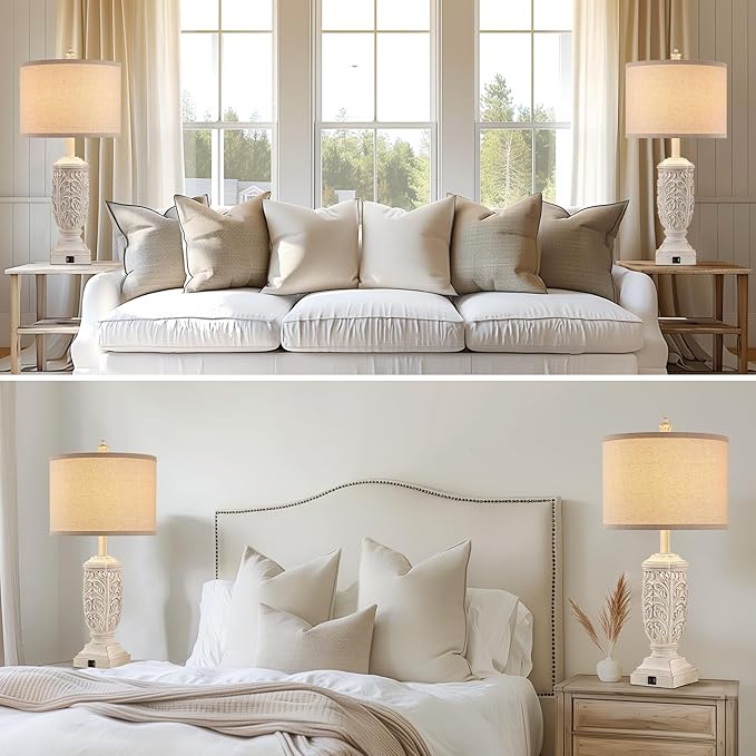 Table Lamps Set of 2 for Living Room, Farmhouse Bedside Lamp with USB C+A for Bedroom, 28.5" Tall Rustic Nightstand Lamps with Linen Fabric Shade,White Elegante Lamps for Hotel Office Decor