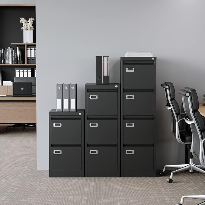 Metal Vertical File Storage Cabinet, 3 Drawer File Cabinet with Lock, 18" Deep Vertical Filing Cabinets for A4 Legal/Letter Size, Assembly Required (3 Drawer - Black)