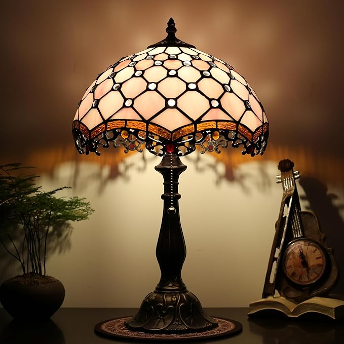 Tiffany Lamp Stained Glass Table Lamp Bedside Table Reading Lamp Living Room Night Light 12-inch Pink Pearl Style Suitable for Home and Office Desktops