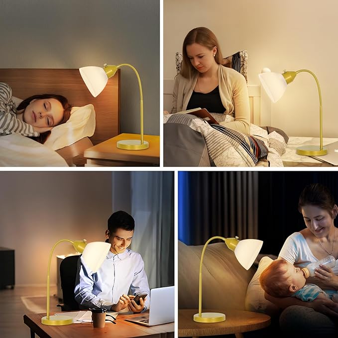 LED Desk Lamp for Home Office, 3 Levels Dimmable Reading Light, Flexible Gooseneck Table Lamp for Bedside Office, Rotary Switch Control, Desk Lamp for College Dorm Study Lamp, Bulb Included, Gold