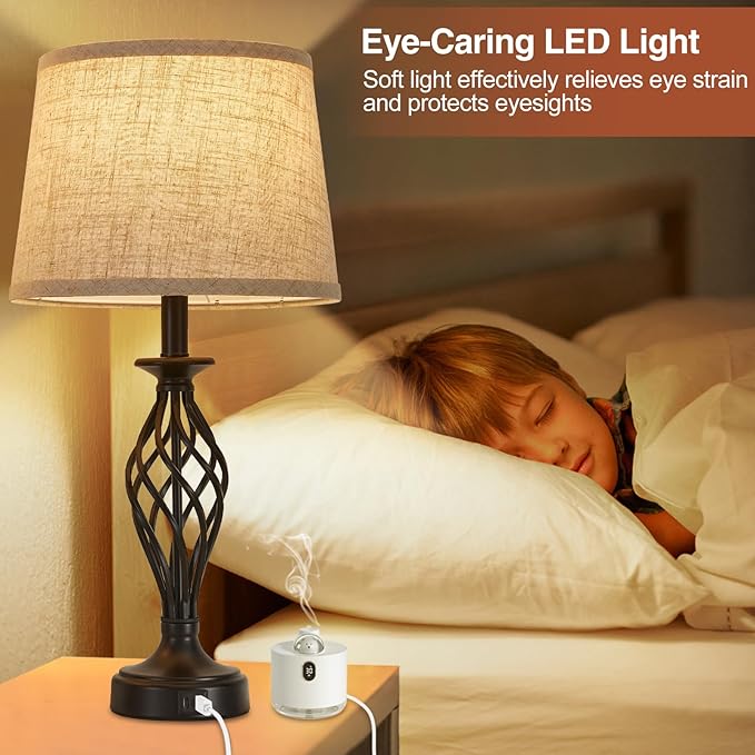 Table Lamp for Bedroom Set of 2 with USB C+A Ports, Modern Bedside Lamps with Spiral Cage Base, Fabric Shade, Nightstand Lamp for Living Room Reading Bed Side End Table, 2 LED Bulbs Included Black