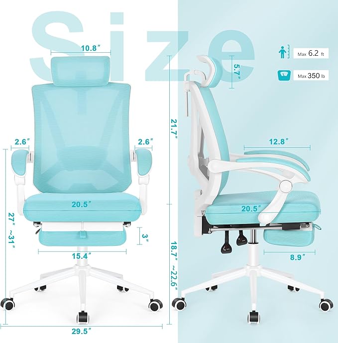 Misolant Ergonomic Office Chair with Footrest, Ergonomic Desk Chair with Adjustable 2D Lumbar Support, High Back Computer Chairs with Adjustable Headrest, Blue Comfortable Executive Office Chair