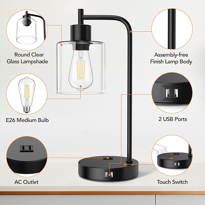 QiMH Industrial Touch Control Table Lampwith 2 USB Ports and AC Outlet, 3-Way Dimmable Bedside Nightstand Reading Lamps with Light Bulb, Glass Desk Lamp for Bedroom, Office