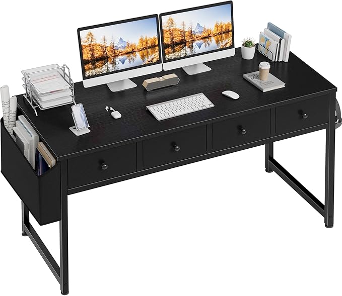 Lufeiya Black Computer Desk with Fabric Drawers for Home Office Bedroom, 47 Inch Vanity Desk with Drawer Storage and Side Pouch, Study Writing Table, Black