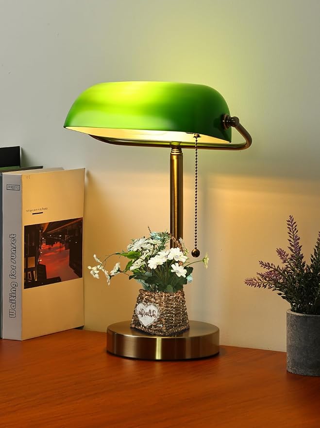 Newrays Traditional Green Glass Bankers Desk Lamp with Pull Chain Switch Plug in Fixture,LED Bulb Included