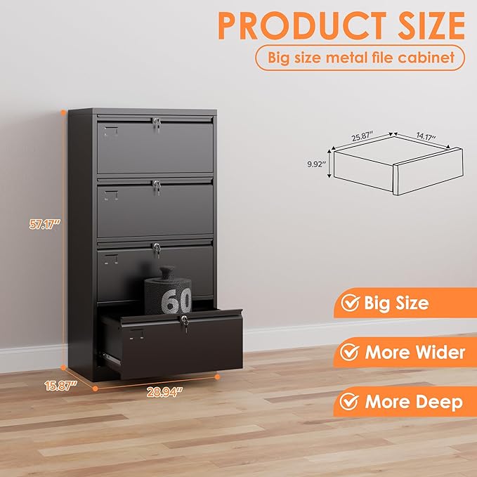 METAN Upgrade Metal 4 Drawer Lateral Files Cabinet for Home Office, Lockable Steel Wide File Storage Cabinet for Hanging Legal/Letter A4 Size, Assembly Required,Black