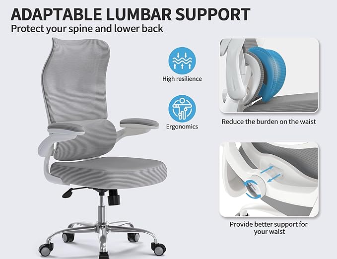 TRALT Ergonomic Office Chair - Desk Chair with Wave High Back Adjustable Lumbar Support Computer Chair - Gaming Chairs Mesh Backrest and PU Leather Seat for Home Reading Chairs to Adults(Grey)