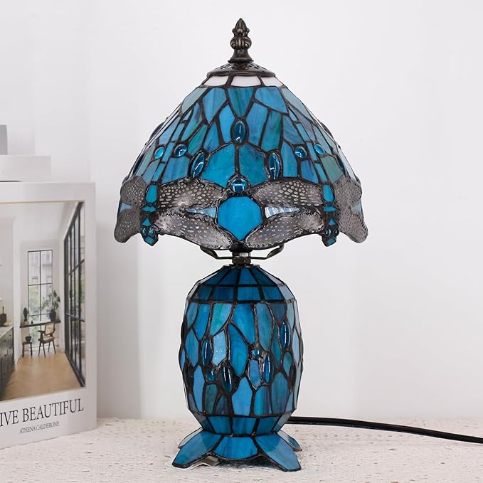 Small Tiffany Lamp Stained Glass Table Lamp Mini Mother Daughter Vase Desk Accent Light for Bedroom Bedside Reading Home Antique Style Decor 8X14 Inches (Green Dragonfly)