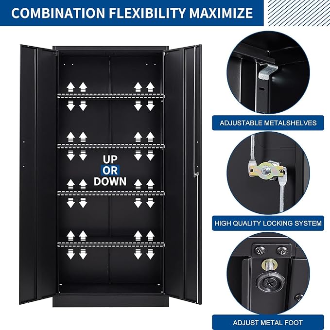 Metal Storage Cabinet-71” Tall Steel File Cabinets with Lockable Doors and Adjustable Shelves-Black Steel Storage Cabinet for Home, School, Office, Garage