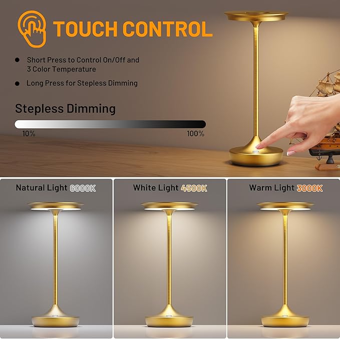 LED Rechargeable Cordless Table Lamps, Portable Outdoor Battery Operated Table Light 3 Color Stepless Dimming Table Lamp with Memory Function for Patio Restaurant Dining Room Gold