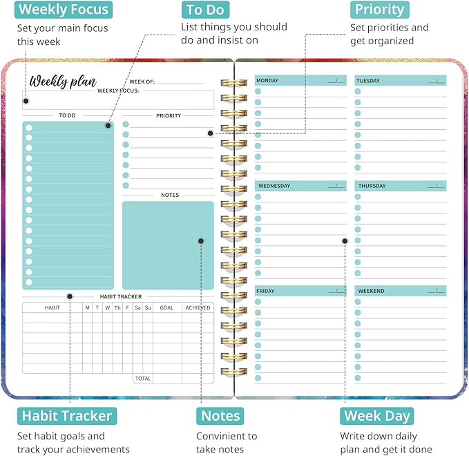 Undated Weekly Planner, Weekly To Do List Notebook with Goal & Habit Tracker Organizer, A5 Weekly Planner Notebook with Spiral Binding, 6.1" x 8.2" - Color Splash
