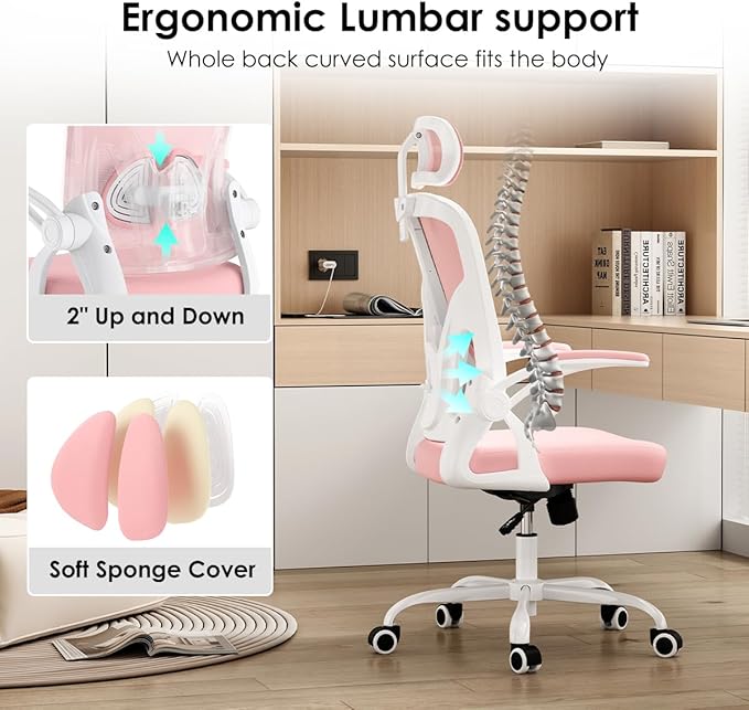 Farini Ergonomic Office Chair, Home Office Desk Chair with Headrest, High Back Computer Chair with Armrests and Adjustable Lumbar Support for Home Office Study Room, White & Pink
