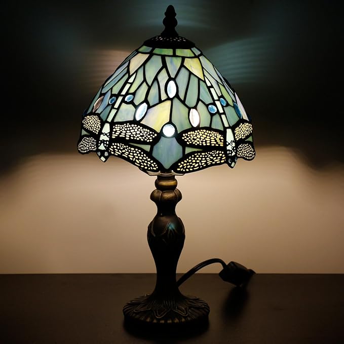 Small Tiffany Lamp Stained Glass Table Lamp Mini Desk Accent Light for Bedroom Bedside Reading Home Antique Style Decor 8X15 Inches (Blue Dragonfly)