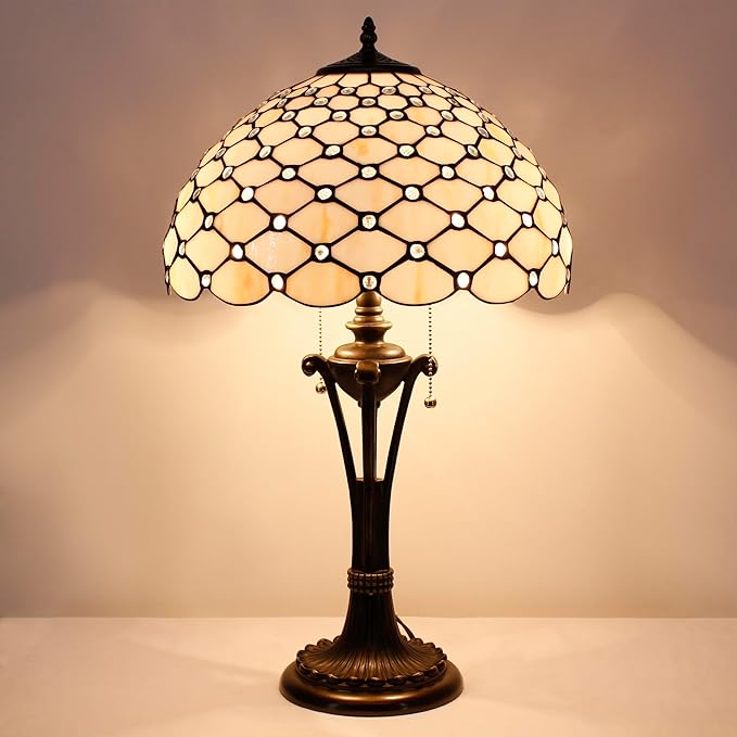 Tiffany Table Lamp Cream Amber Bead Stained Glass Desk Lamp 16X16X24 Inches Reading Light