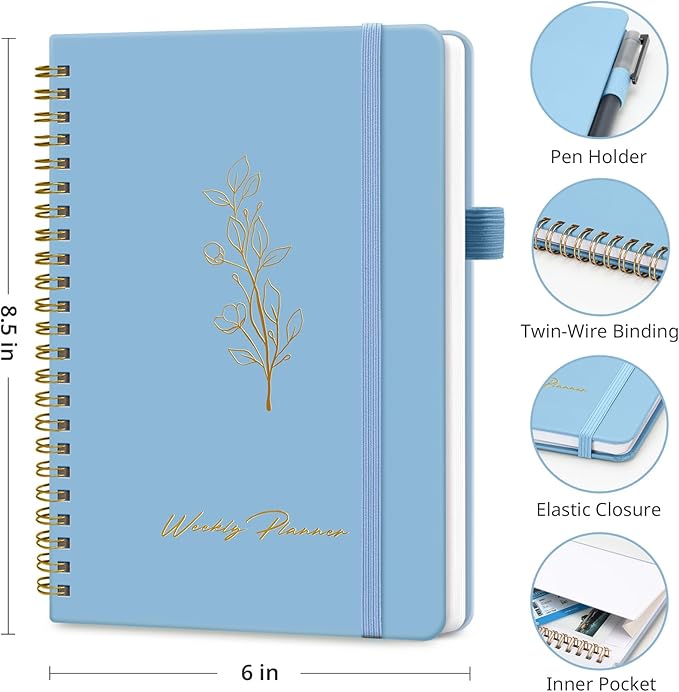 Undated Weekly Planner, Weekly To Do List Notebook with Goal & Habit Tracker Organizer, A5 Weekly Planner Notebook with Spiral Binding, 6.1" x 8.2" - Blue