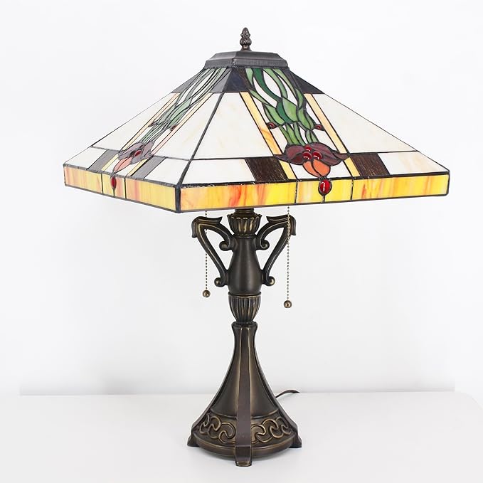 Tiffany Table Lamp Stained Glass Tulip Flower Square Geometric Mission Style Desk Reading Light 16X16X24 Inch for Bedroom Living Room Home Office