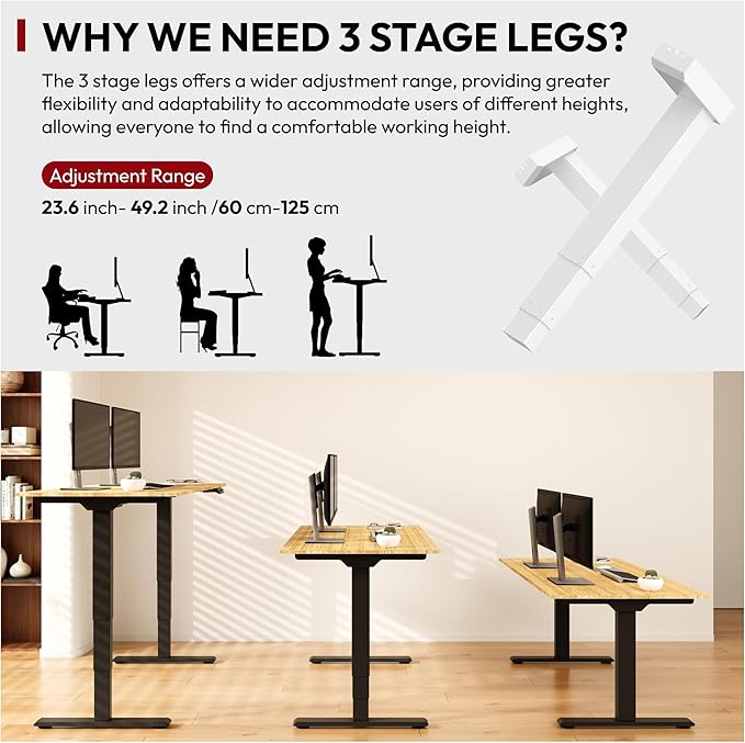 SANODESK 55 Inch 3 Stage Bamboo Electric Standing Desk, Dual Motor Height Adjustable Desk, Whole-Piece Desktop Sit to Stand Home Office Desk (Black Frame/ 55” x 28” Natural Bamboo Top)