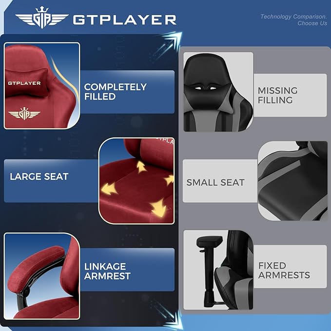 GTPLAYER Gaming Chair Fabric with Pocket Spring Cushion, Big and Tall Gamings Chairs 350LBS High Back Computer Chair with Footrest for Adults Lumbar Support Swivel Game Chair for Office Gaming Red