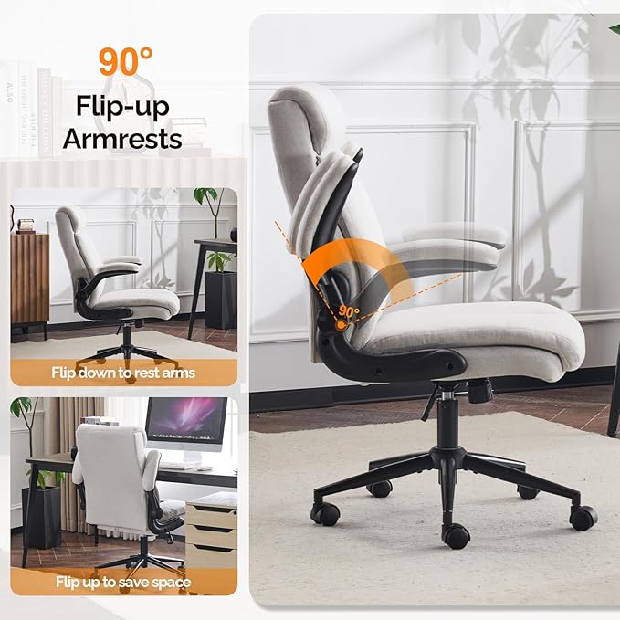 VINGLI Rolling Ergonomic Office Desk Chair with Padded Flip-up Arms, 360° Swivel High Back Executive Computer Chair with Wheels for Game,Home Small Space, Study Room, Reading Room, Linen Light Grey