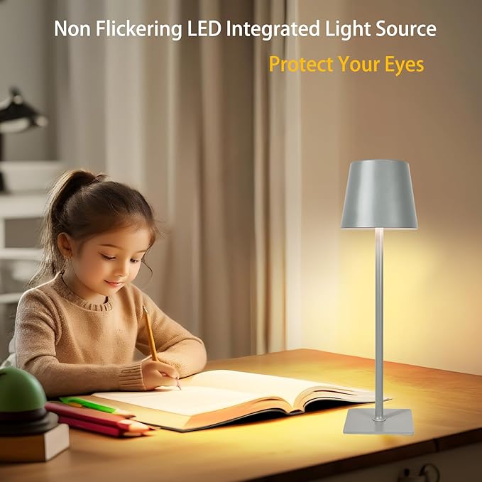 MIOBLUE 2 Pack Cordless Table Lamp,Portable LED Desk Lamp, 5200mAh Battery Operated, 3 Color Dimmable Table Light for Restaurant,Coffee Shop Night Light,Bedroom,Bars,Outdoor Party,Camping(Grey)