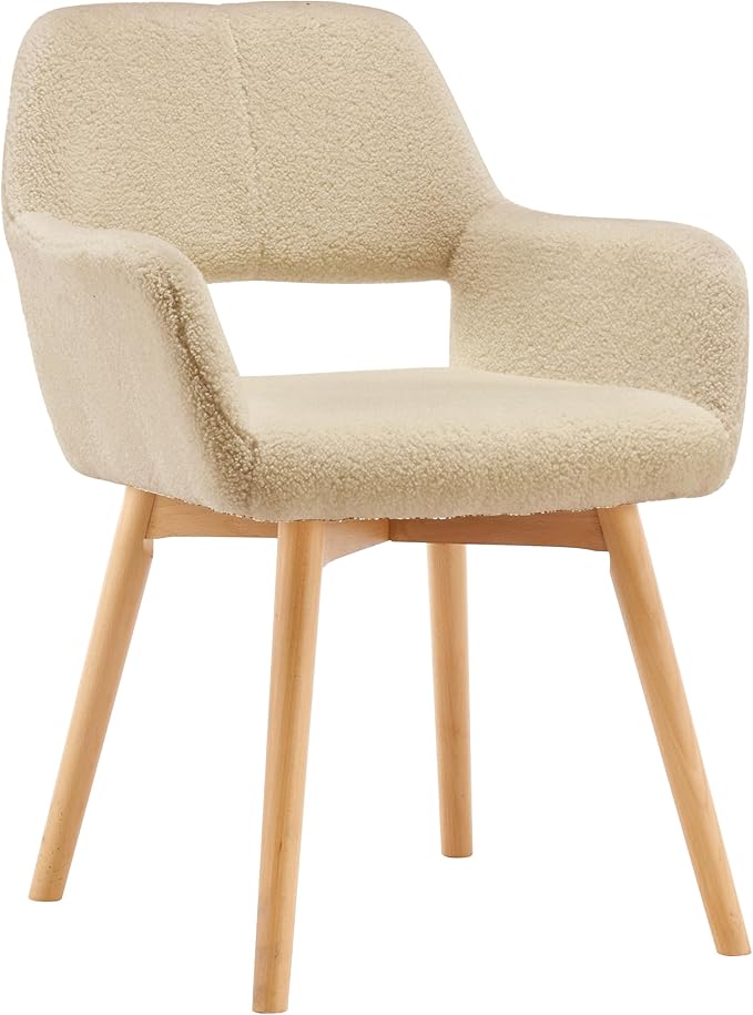 Desk Chair No Wheels Vanity Chair Comfy Accent Chair for Living Dining Room Bedroom Home Office Mid Century Modern Upholstered Armchair Sofa Chair (Wool Light Khaki, 1)