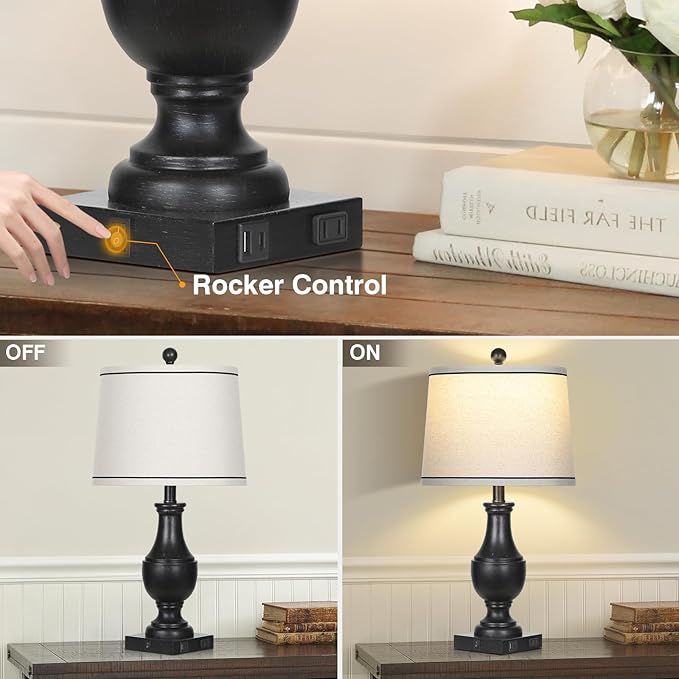 Vintage Farmhouse Lamps Set of 2, 25" Rustic Retro Table lamps with USB A+C Charging Ports & AC Outlet, Antique Resin Traditional Bedside Lamp with Linen Fabric Lampshade for Living Room Bedroom Black