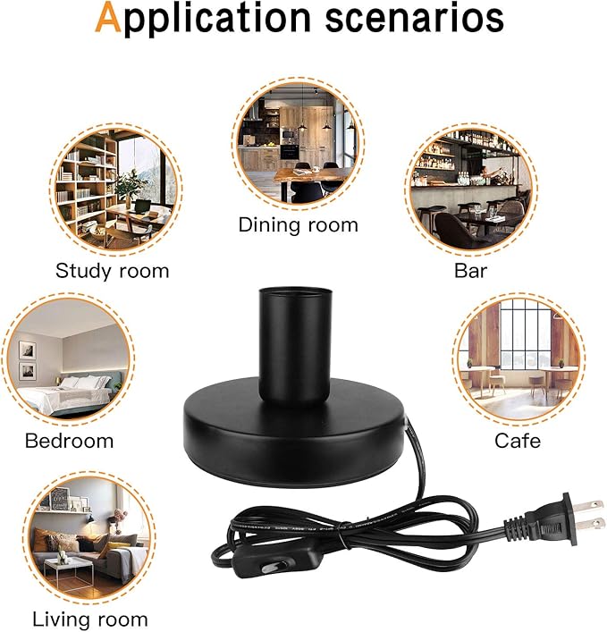Helunsi Industrial Table Lamp Base, E26 E27 Lamp Base Without Shade, Mini Short Desk Lamp Exposed Bulb Base, Simple Metal Edison Light Bulb Stand, with 5.8ft Cord Switch Plug Bulb Base Holder (Black)