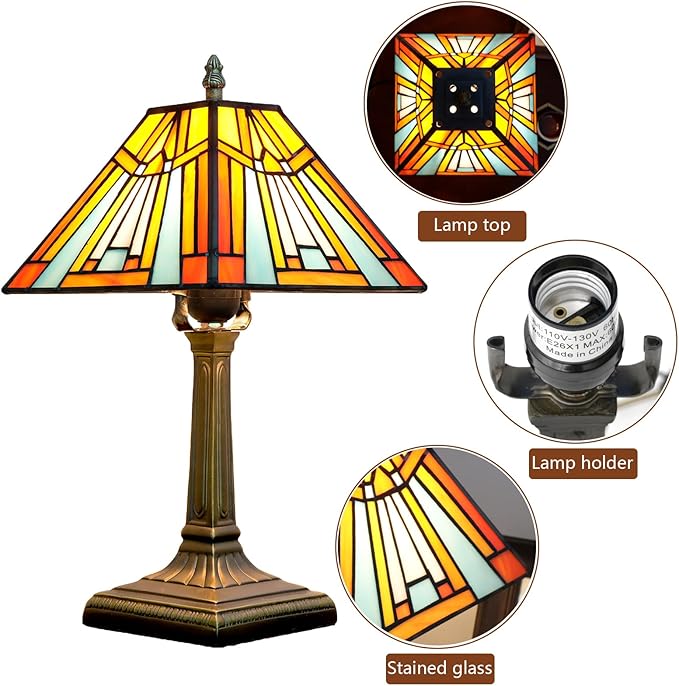 Tiffany Table Lamp Amber Brown Stained Glass Lamp Mission Style Antique Desk Beside Reading Lamp for Office Home Living Room Bedroom