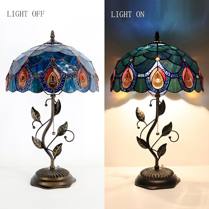 Tiffany Table Lamp, Stained Glass Style Desk Lamp, 12X12X19 Inch,Bedside Reading Light, Metal Leaf Base(Brown Crystal)