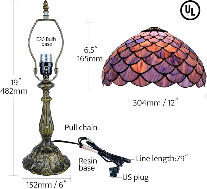 Tiffany Style Table Lamp Vintage Stained Glass Desk Lamp Deep Blue Purple Fish Scales Bedside Reading Light Decor Bedroom Living Room Home Office D12 xH18