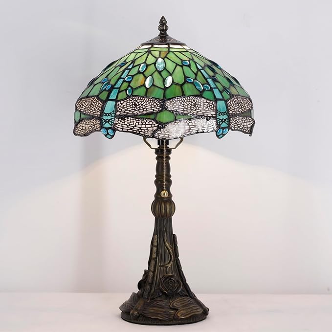 Tiffany Stained Glass Table lamp 12X12X19 Inch Green Dragonfly Style Desk Bedroom Living Room Reading Light (Green Dragonfly)