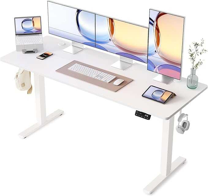 YIHAYO Electric Standing Desk, 63 x 24 Inches Stand Up Desk with Splice Board, Computer Desk for Home Office, White Frame/White Top
