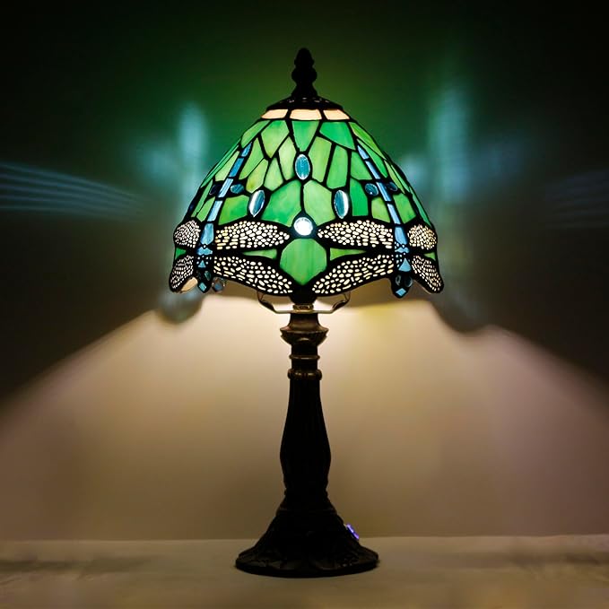 Tiffany Lamp Touch Control Table Lamp Green Stained Glass Desk Lamp 8X8X14.5 Inches Dragonfly Style Reading Light