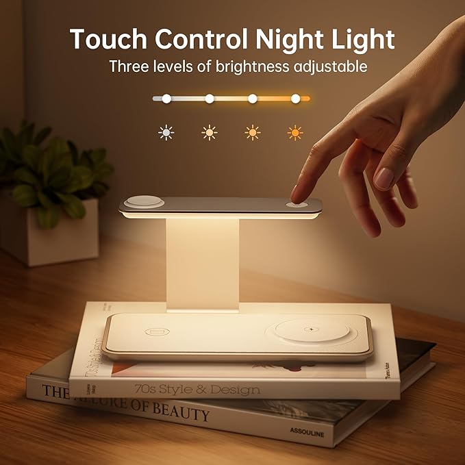 GUSGU 3 in 1 Charging Station for MagSafe Wireless Charger with Three-Level Night Light, 15W Max Fast Charging for iPhone 17/16/15/14/13/, Apple Watch Series 2-11/SE 3/ Ultra 3, AirPods Pro 3-Gray