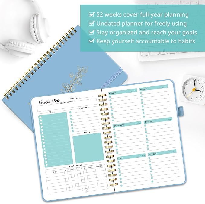 Undated Weekly Planner, Weekly To Do List Notebook with Goal & Habit Tracker Organizer, A5 Weekly Planner Notebook with Spiral Binding, 6.1" x 8.2" - Blue