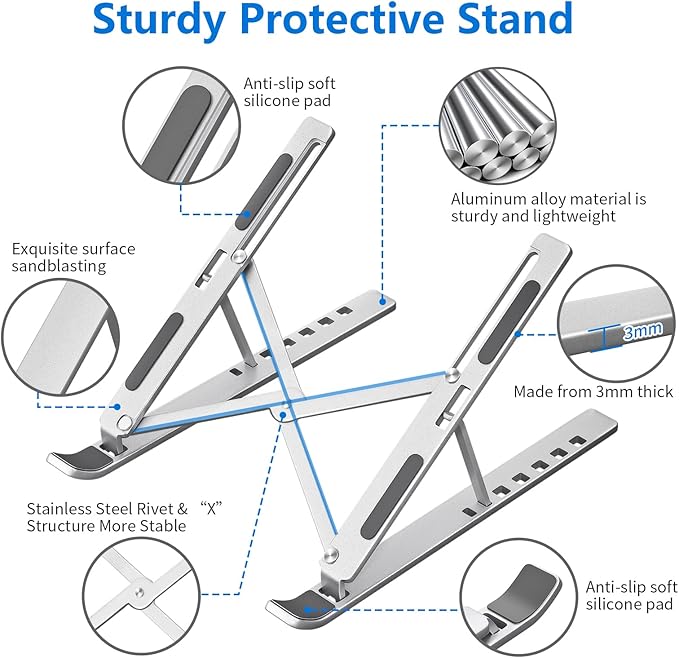 Laptop Stand for Desk, Aluminum Metal MacBook Stand,Computer Riser for Desk, Portable Foldable Adjustable Notebook Holder, Compatible with 10-15.6 Inch Laptops, iPad, Silver.
