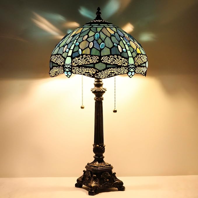 Tiffany Table Lamp Sea Blue Stained Glass Desk Lamp 12X12X21 Inches Dragonfly Style Reading Light