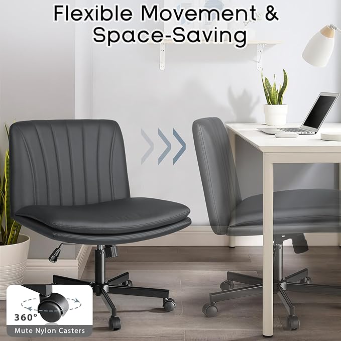 PUKAMI Criss Cross Chair with Wheels,PU Leather Armless Cross Legged Office Desk Chair for Home Office,Modern Swivel Height Adjustable Wide Seat,Grey